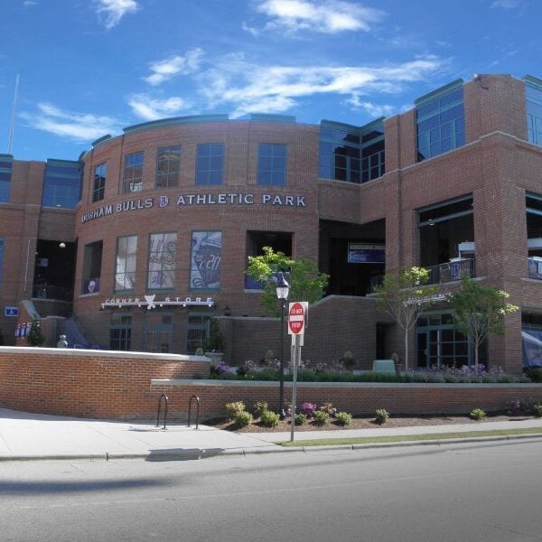 Durham Bulls Athletic Park Main Exterior entrance of Durham Bulls Athletic Park in North Carolina featuring Boettcher Masonry brickwork and stairs leading up to the building.