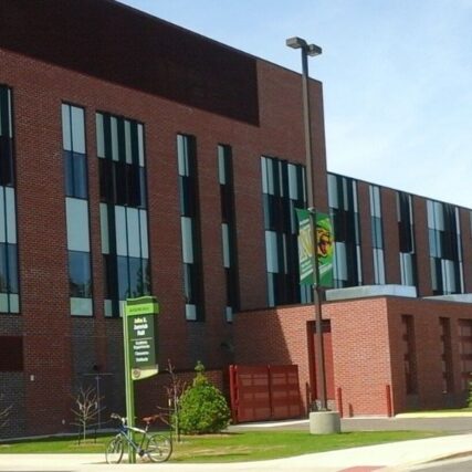 Entrance of Northern Michigan University’s Jamrich Hall featuring Boettcher Masonry’s brickwork.