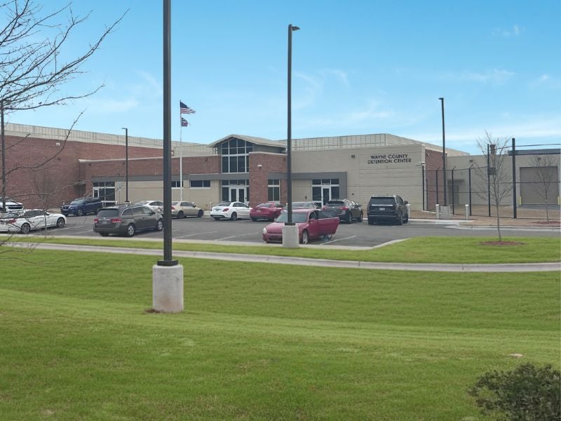 The Wayne County Detention Center in Goldsboro NC includes reinforced masonry, architectural precast, colored ground faced CMU, colored split face CMU, and brick.