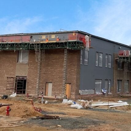 Exterior brick veneer installation at Grace Christian Schools Apex Campus